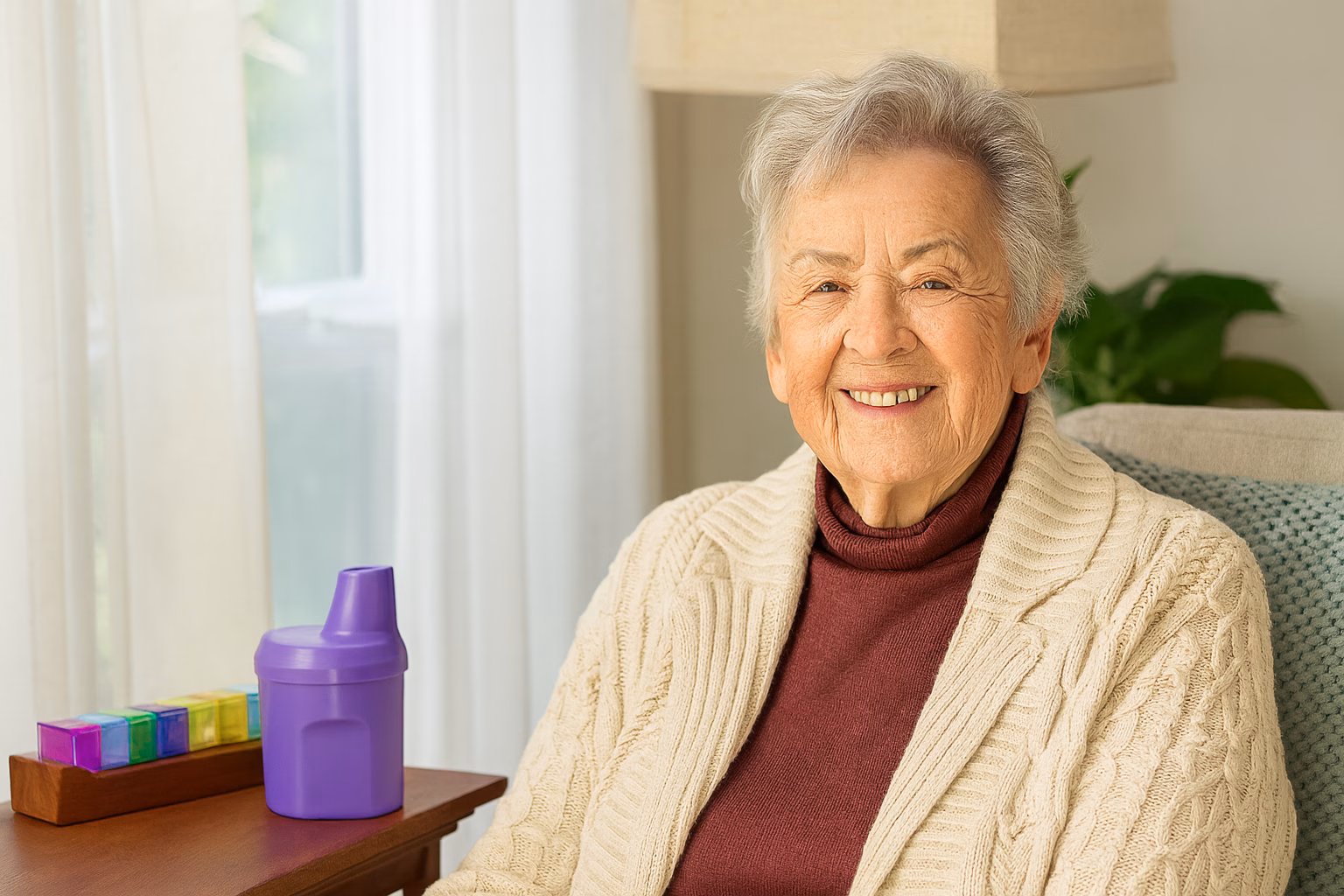 Home elderly lady picture with medication pack and pilgo