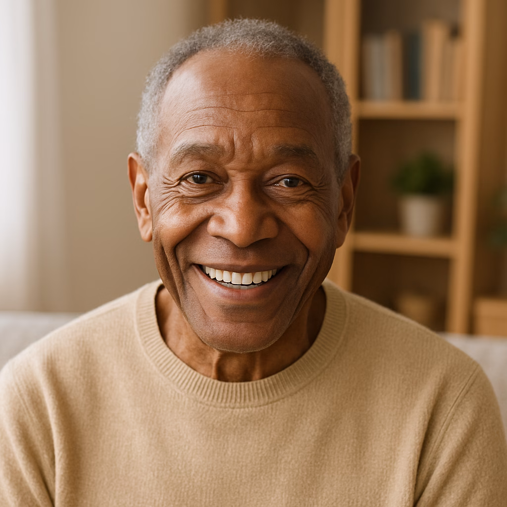Home elderly man in cozy home smiling